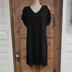 Black V-Neck Fringe Hem Dress Off Shoulder. Sz Med